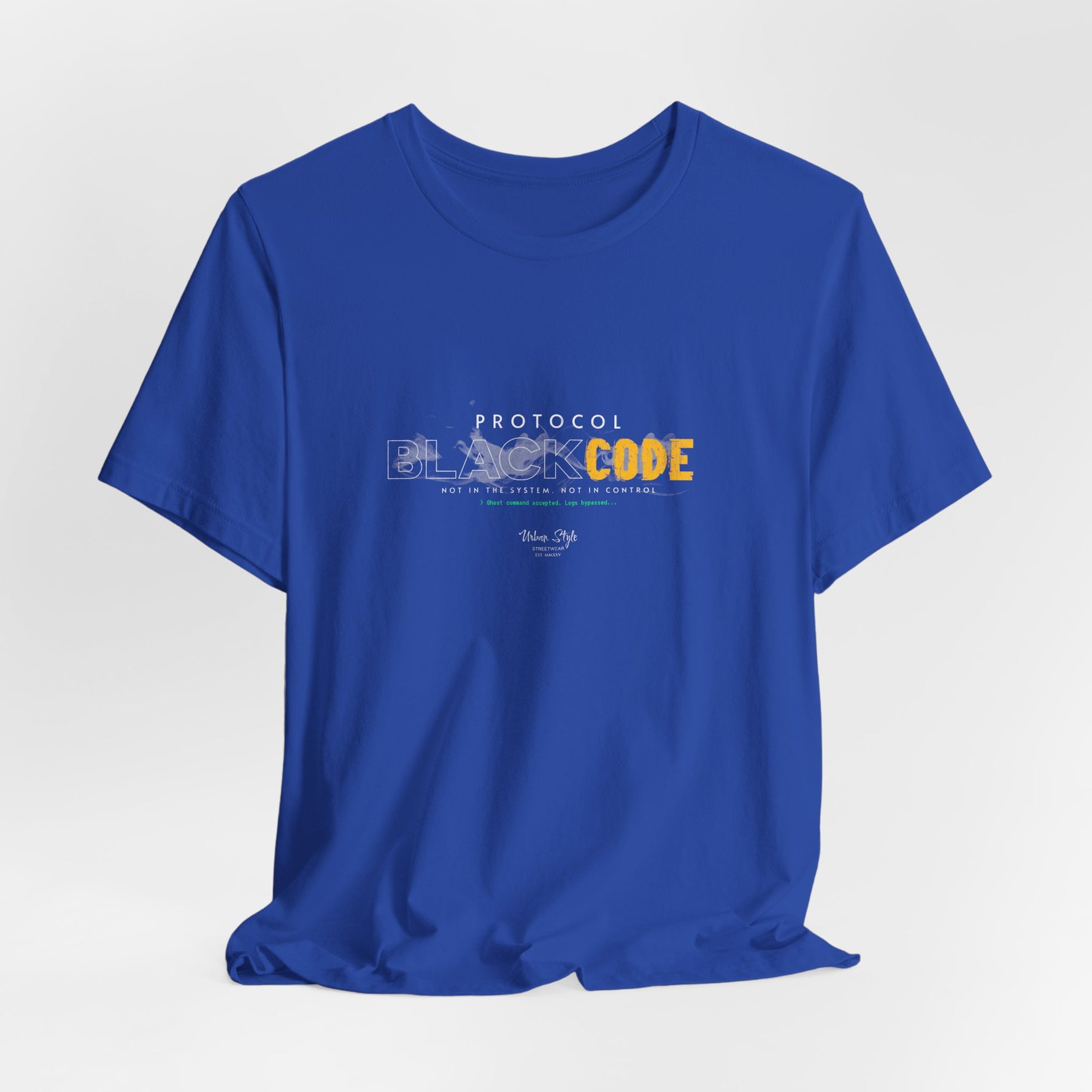 The PROTOCOL BLACKCODE t-shirt in True Royal — resistance dressed like order. 3D mockup of a t-shirt in bold royal blue. No model, no background.