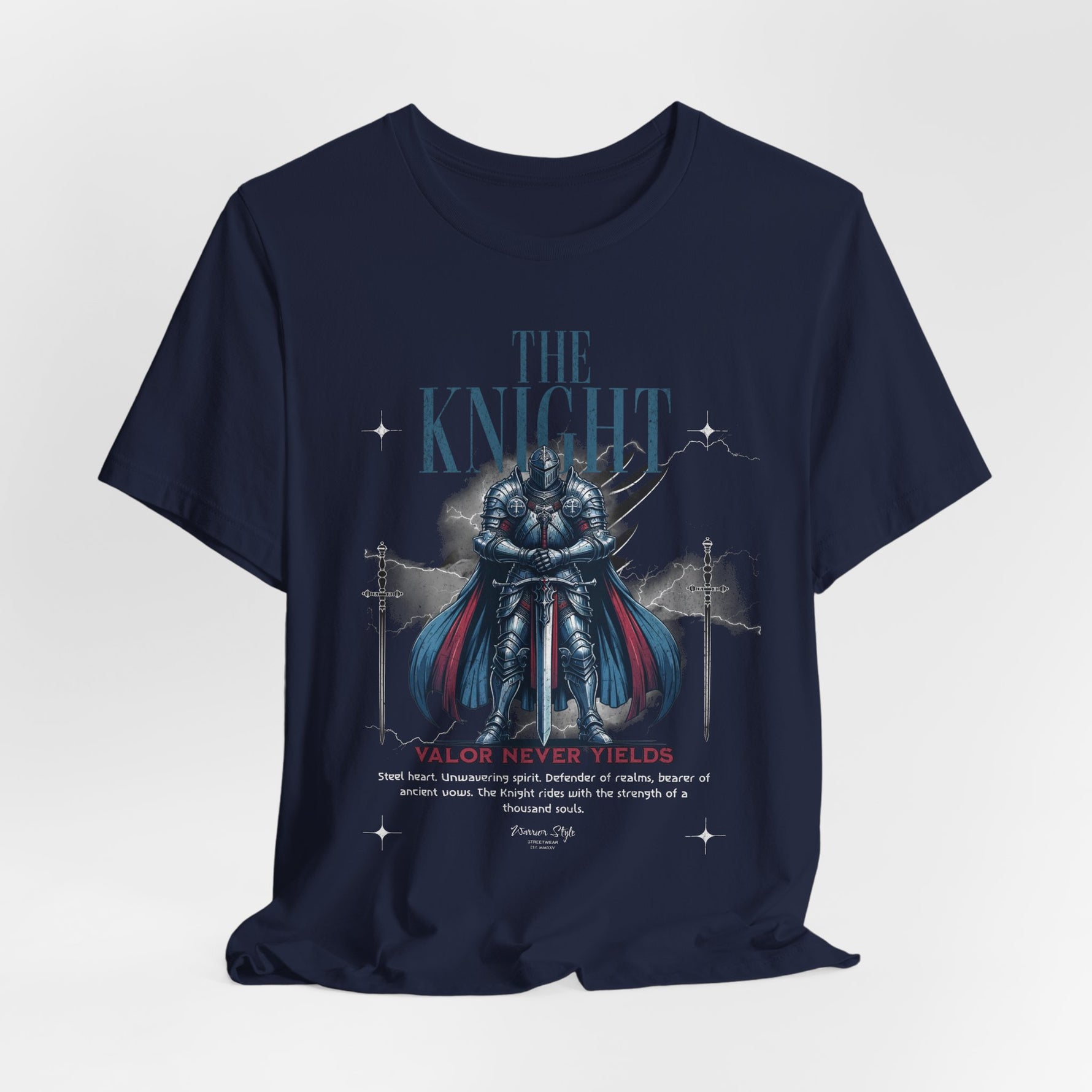 The KNIGHT t-shirt in Navy — deep as midnight patrols and silent oaths.