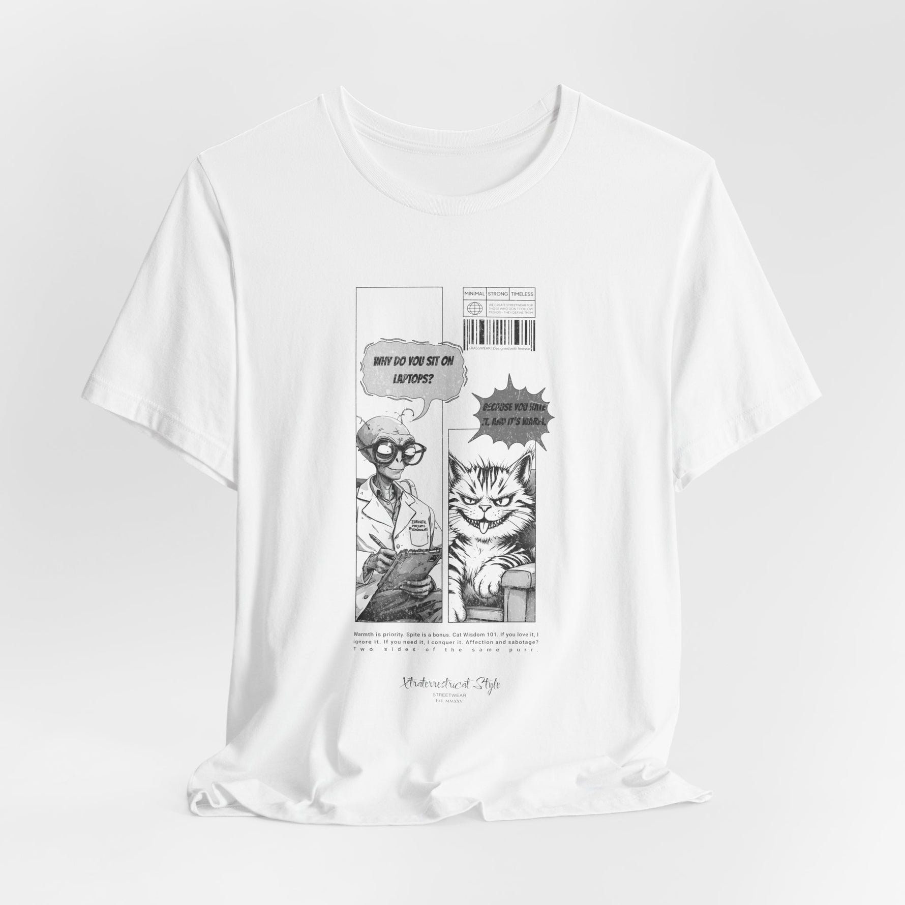 The SITONLAPTOPS t-shirt in White — 3D mockup on a plain white shirt, no model, no background. Design in grayscale with strong contrast.