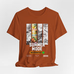 The SUMMER MODE t-shirt in autumn — Faded sunshine meets earthy tones for late-season escapes.