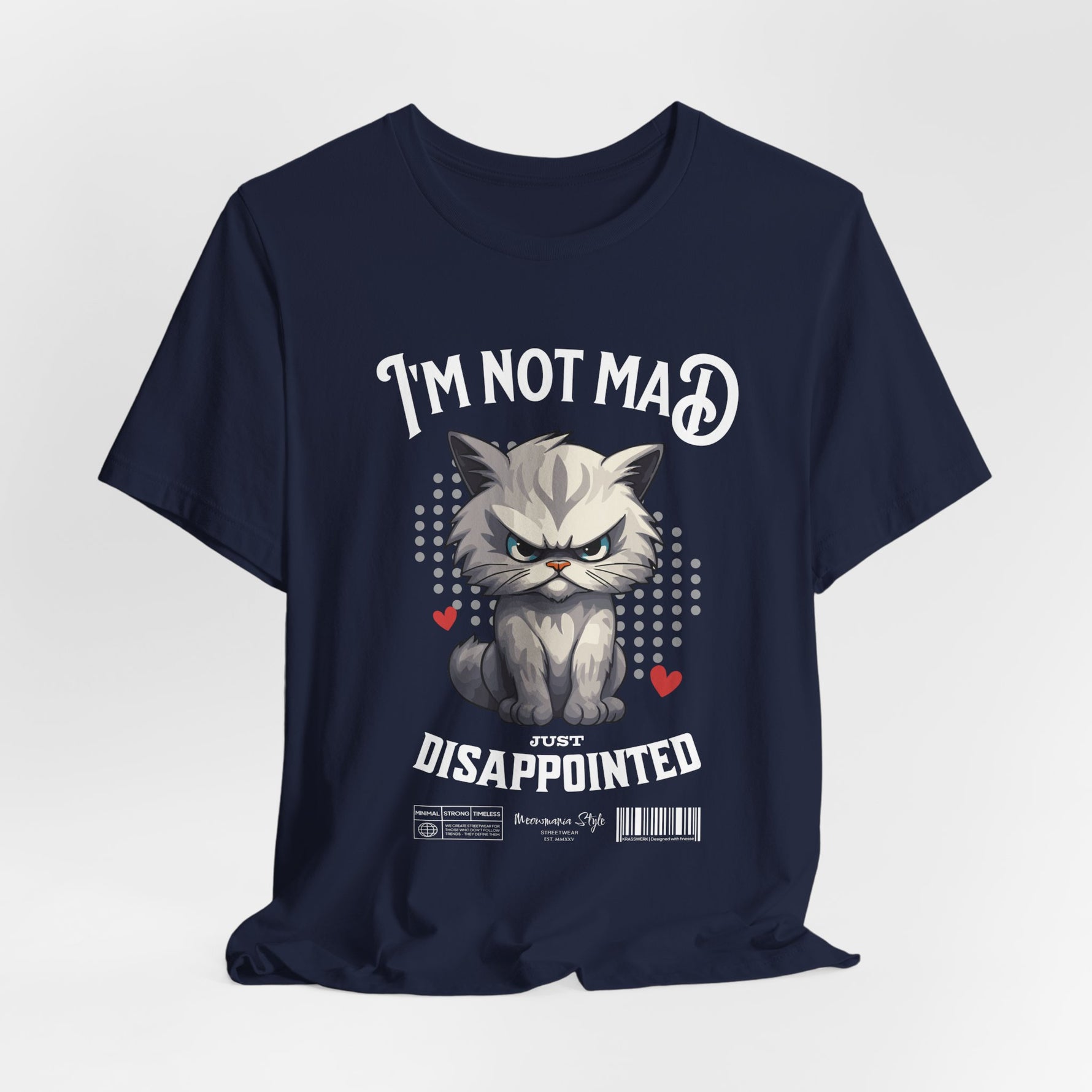 The NOT MAD t-shirt in Navy — 3D mockup of a deep navy blue shirt; front-facing, no human figure.