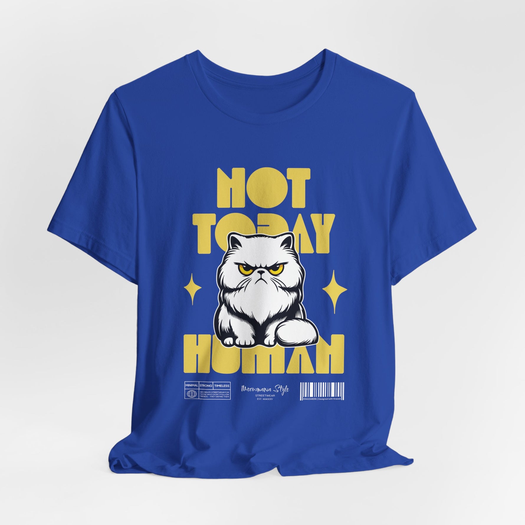 The NOT TODAY t-shirt in True Royal — majestic disapproval on a kingly blue.