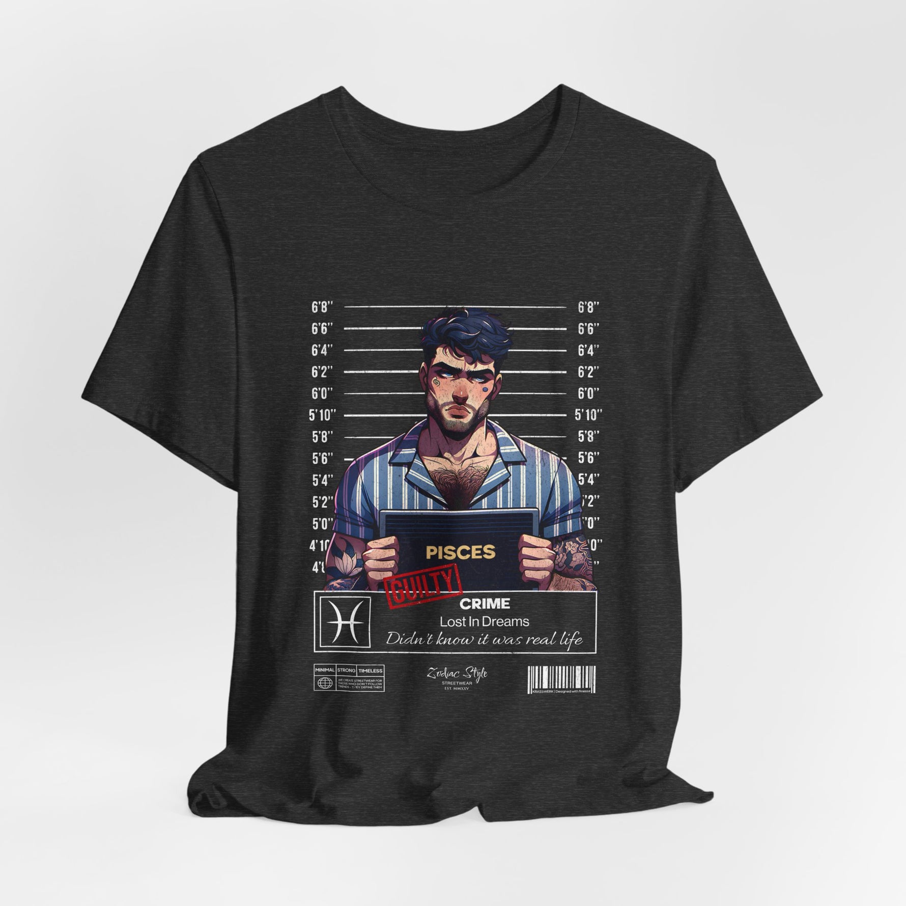 The PISCES t-shirt in Dark Heather Grey — faded like a half-remembered memory.