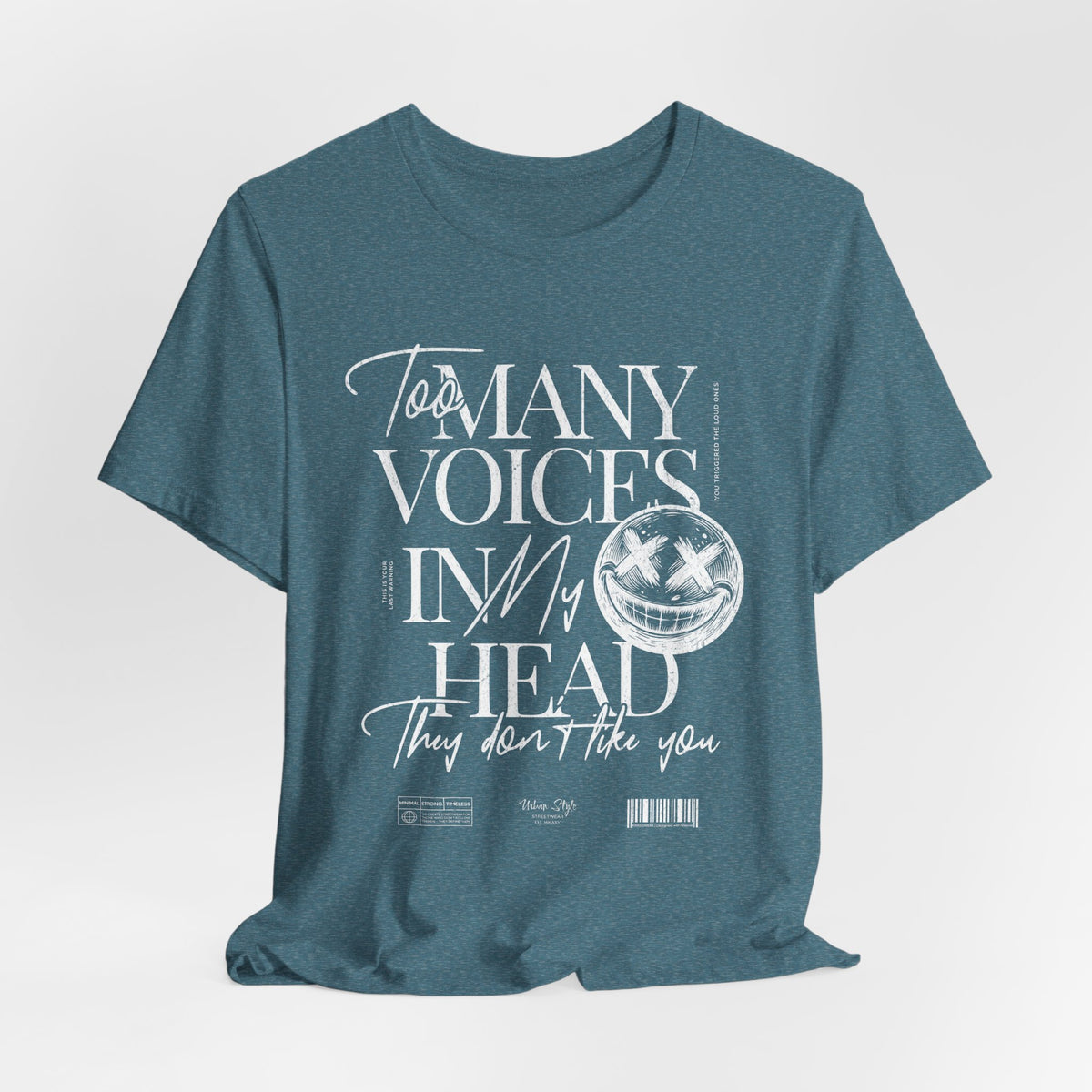 The MANY VOICES t-shirt in Heather Deep Teal — Dissonant depth you can’t quite name.