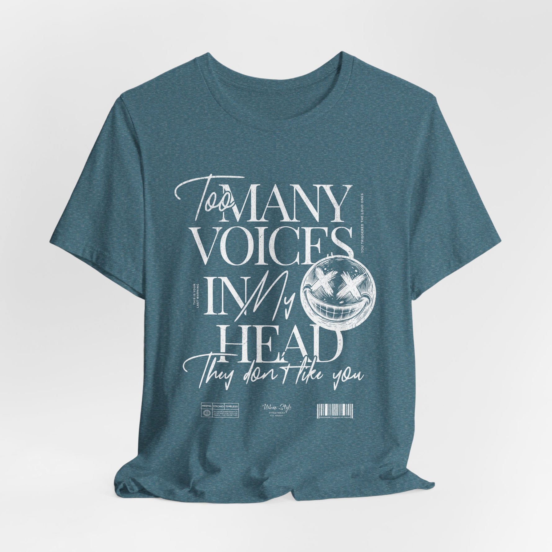 The MANY VOICES t-shirt in Heather Deep Teal — Dissonant depth you can’t quite name.