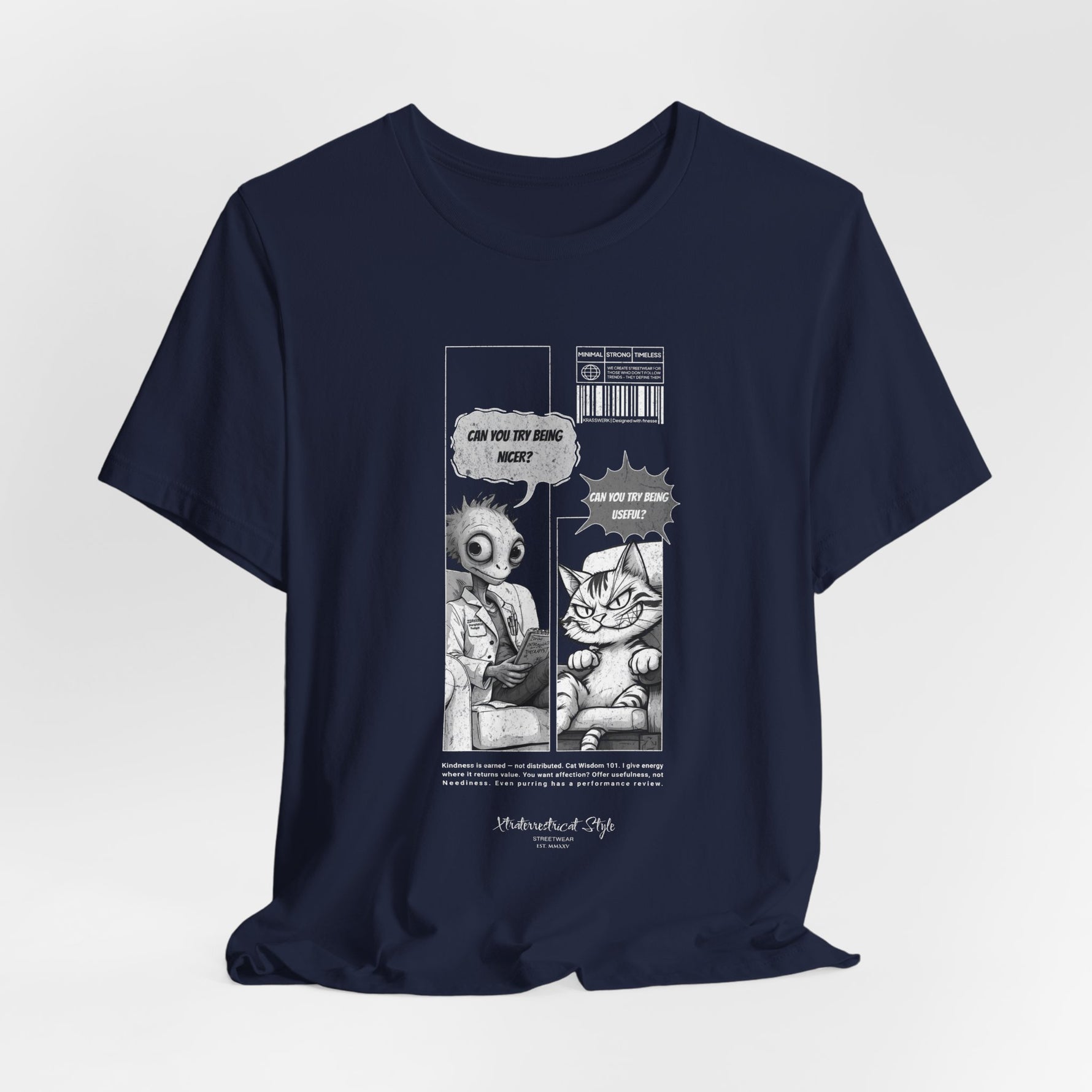 The BEING NICER t-shirt in navy — deadpan comedy in a sharp, clean classic.