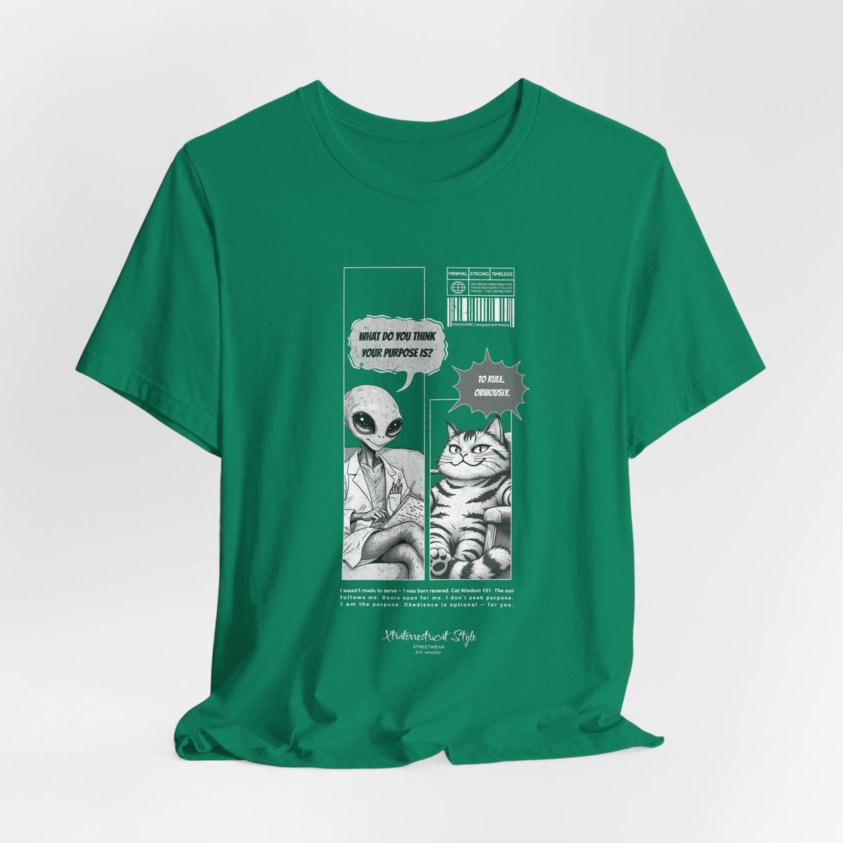 The TO RULE t-shirt in Kelly — vibrant green backdrop against black-and-white comic panels.