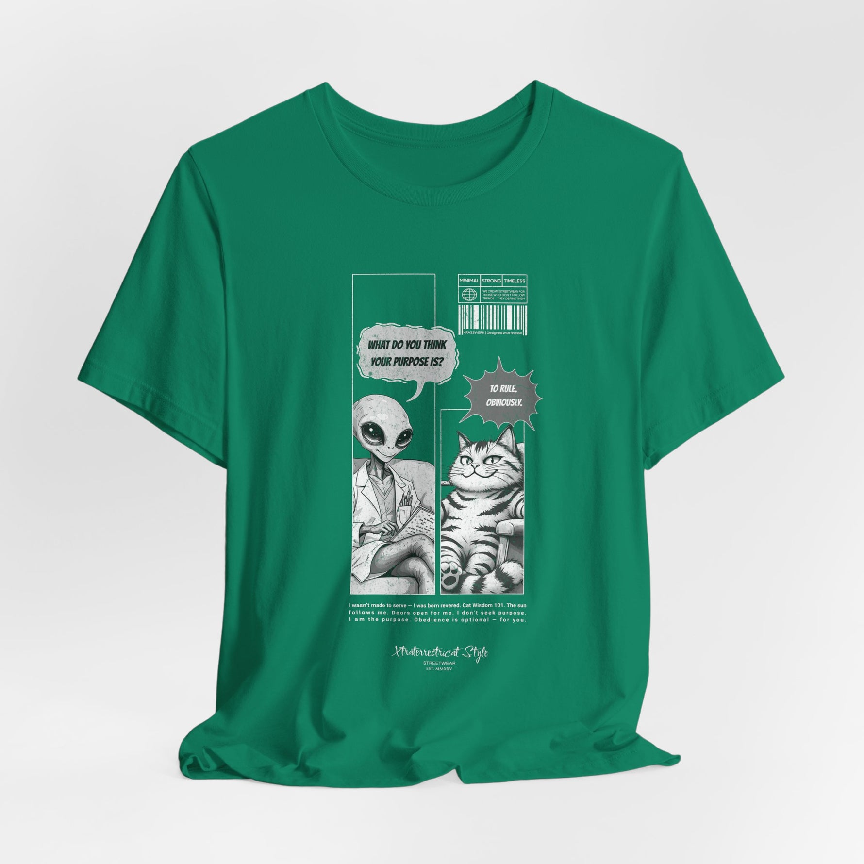 The TO RULE t-shirt in Kelly — vibrant green backdrop against black-and-white comic panels.