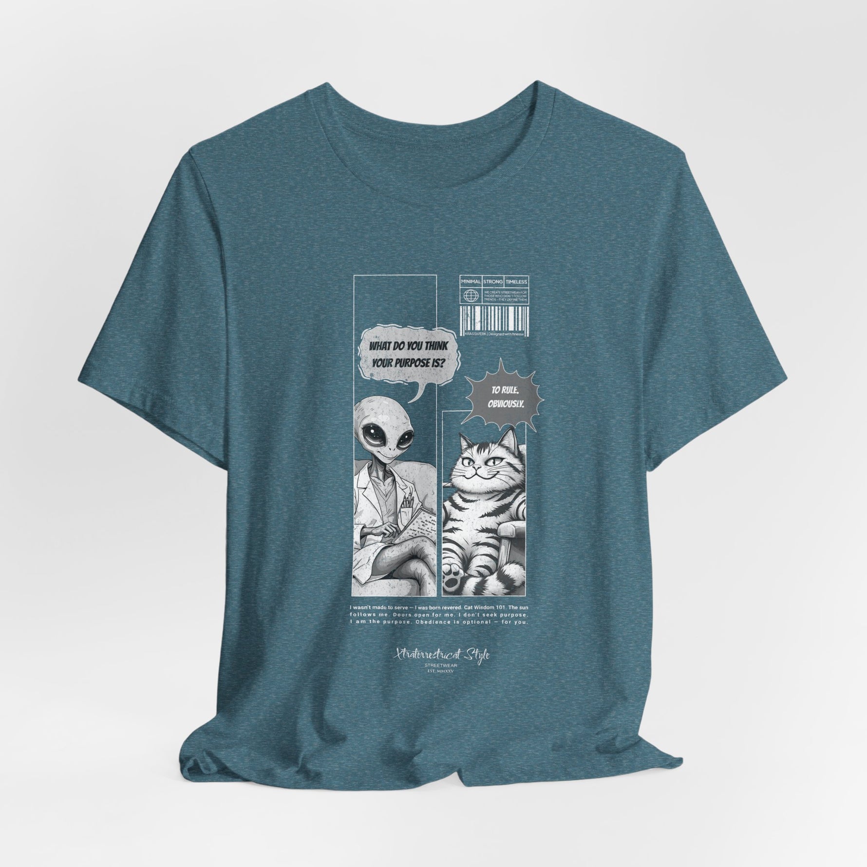 The TO RULE t-shirt in Heather Deep Teal — oceanic tone bringing depth to the comic layout.