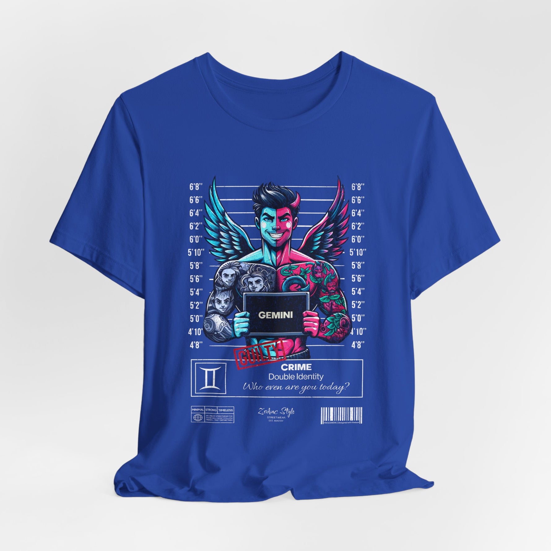 The GEMINI t-shirt in True Royal — Crowned in charm, armed with stories.