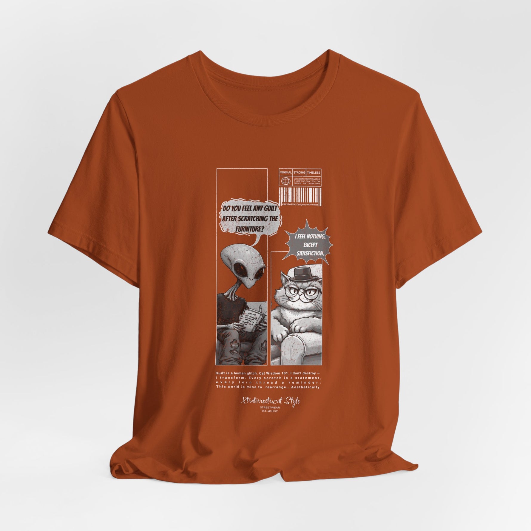 The Satisfiction t-shirt in autumn — 3D mockup showing the shirt in a warm earthy orange tone. No background or model included.