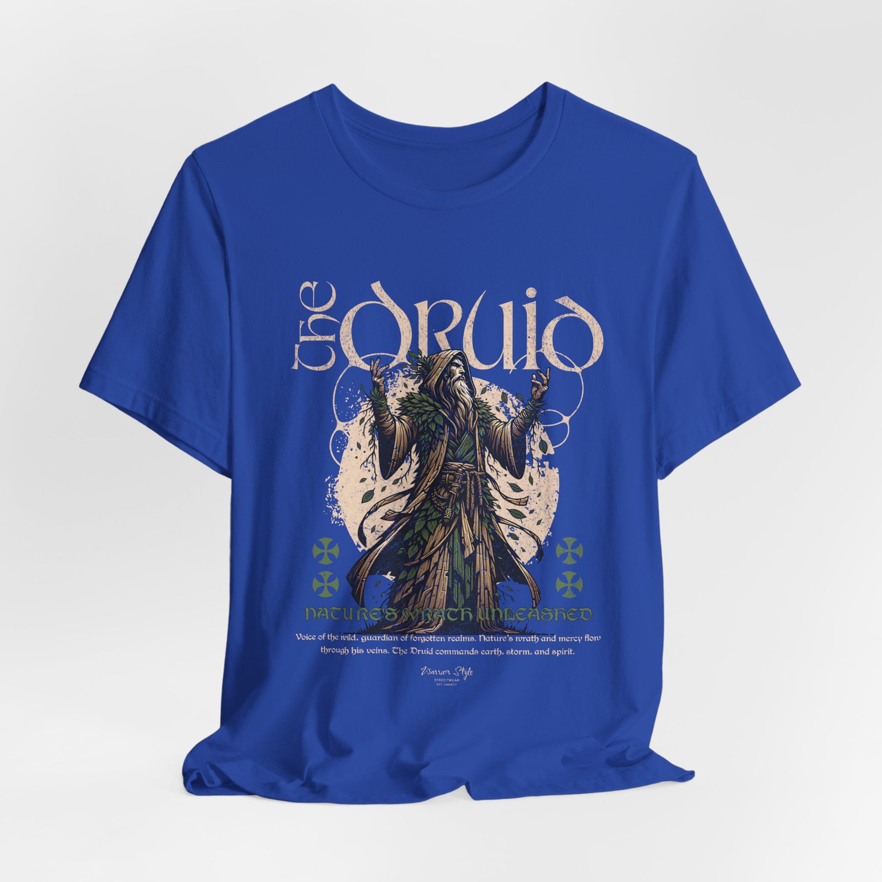 The DRUID t-shirt in True Royal — crowned by stars, grounded by soil.