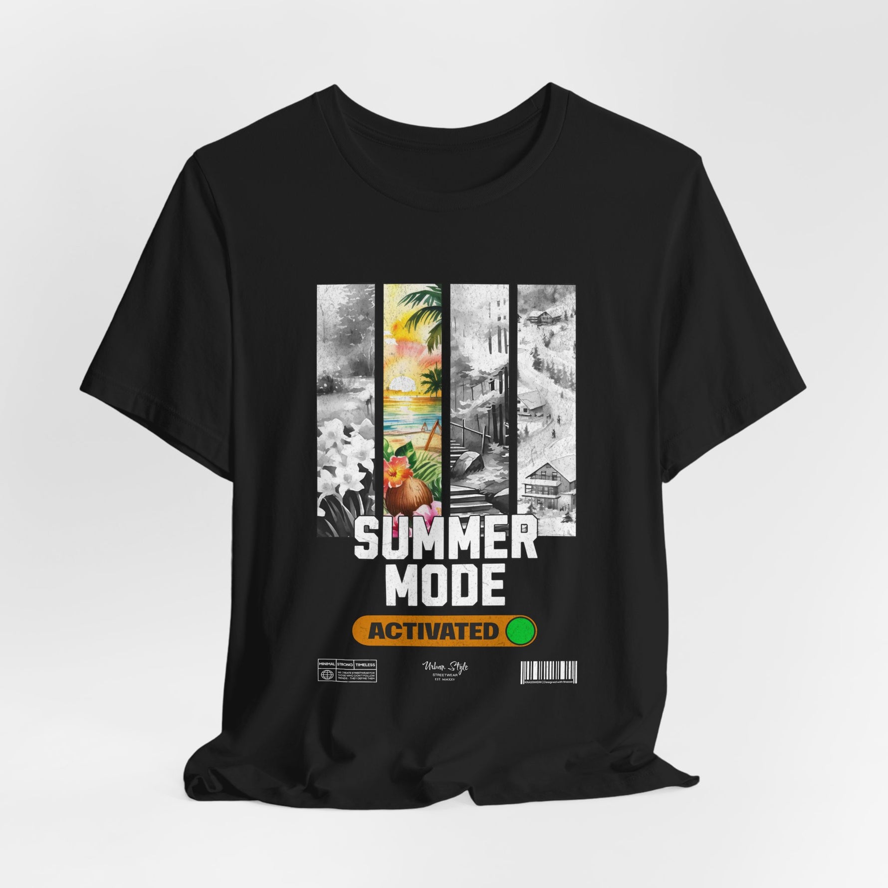 The SUMMER MODE t-shirt in black — The season’s contrast, where color bursts from darkness.