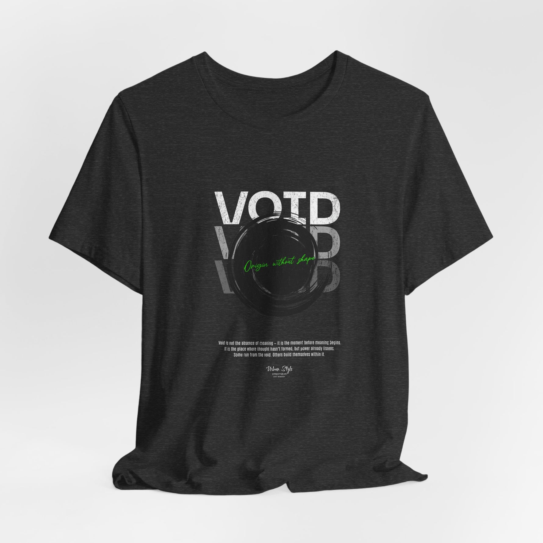 The VOID t-shirt in Dark Heather Grey — static thoughts, endless drift.
