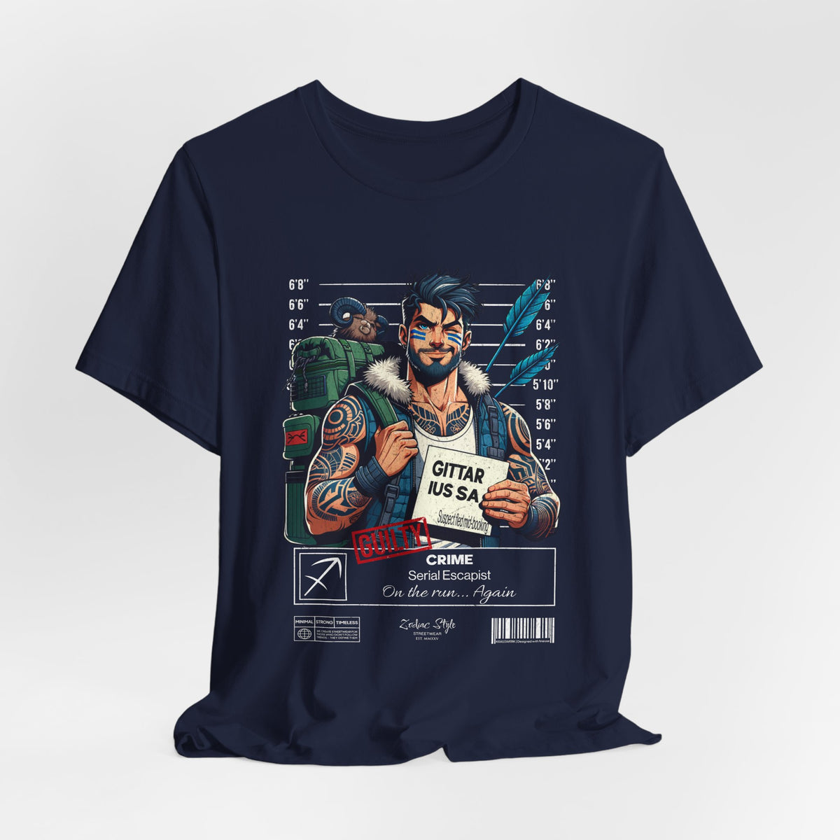 The SAGITTARIUS t-shirt in Navy — classic navy tone suited for calm tactical thinkers. 3D mockup on white background. No model included.