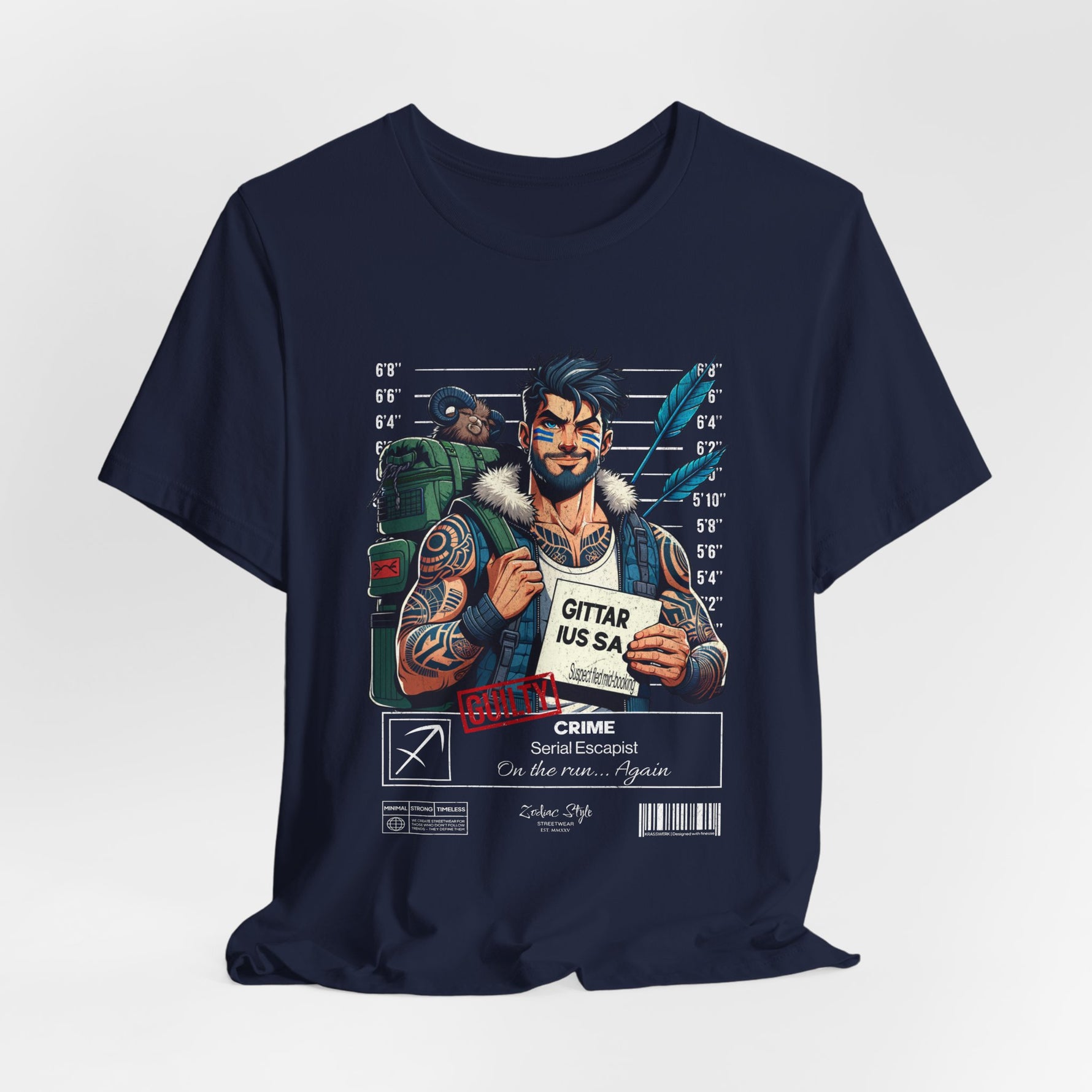 The SAGITTARIUS t-shirt in Navy — classic navy tone suited for calm tactical thinkers. 3D mockup on white background. No model included.