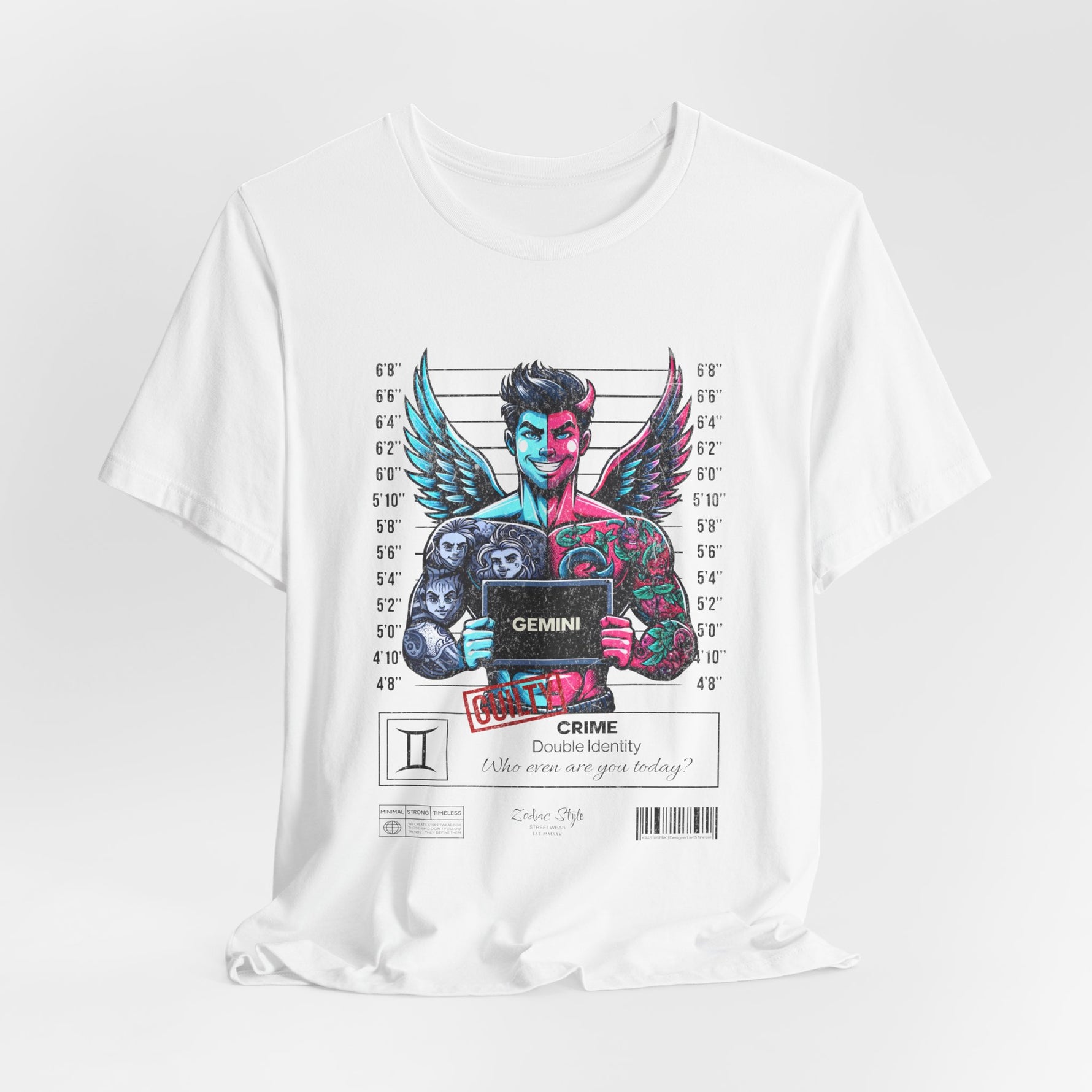 The GEMINI t-shirt in White — Too bright to hide… too fast to catch.
