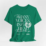 The MANY VOICES t-shirt in Kelly — Sharp green with unsettling clarity.