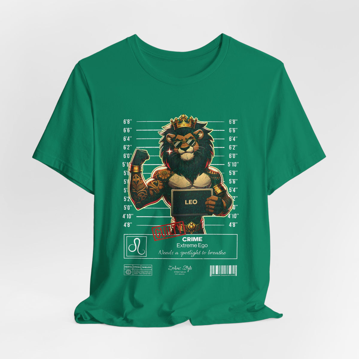 The LEO t-shirt in Kelly – 3D mockup of a vibrant green shirt, showcasing the lion graphic in full detail. NO BACKGROUND, NO MODEL.
