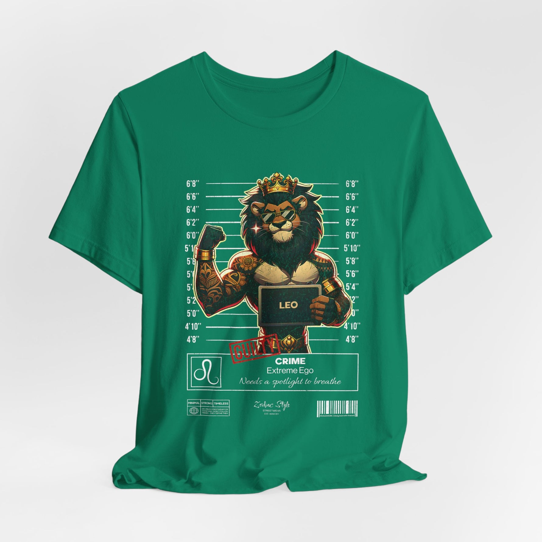 The LEO t-shirt in Kelly – 3D mockup of a vibrant green shirt, showcasing the lion graphic in full detail. NO BACKGROUND, NO MODEL.