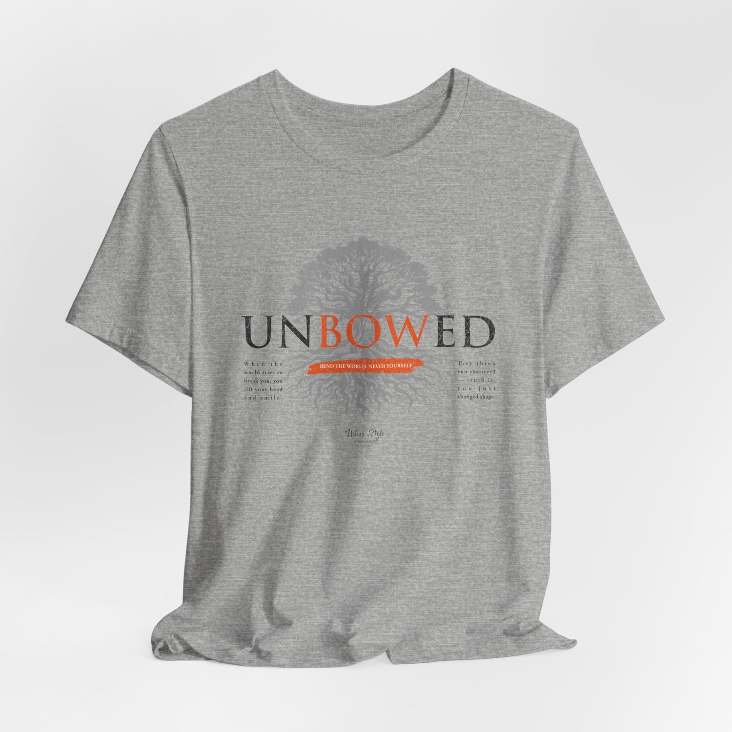 UNBOWED t-shirt in Athletic Heather — Simple strength in motion.