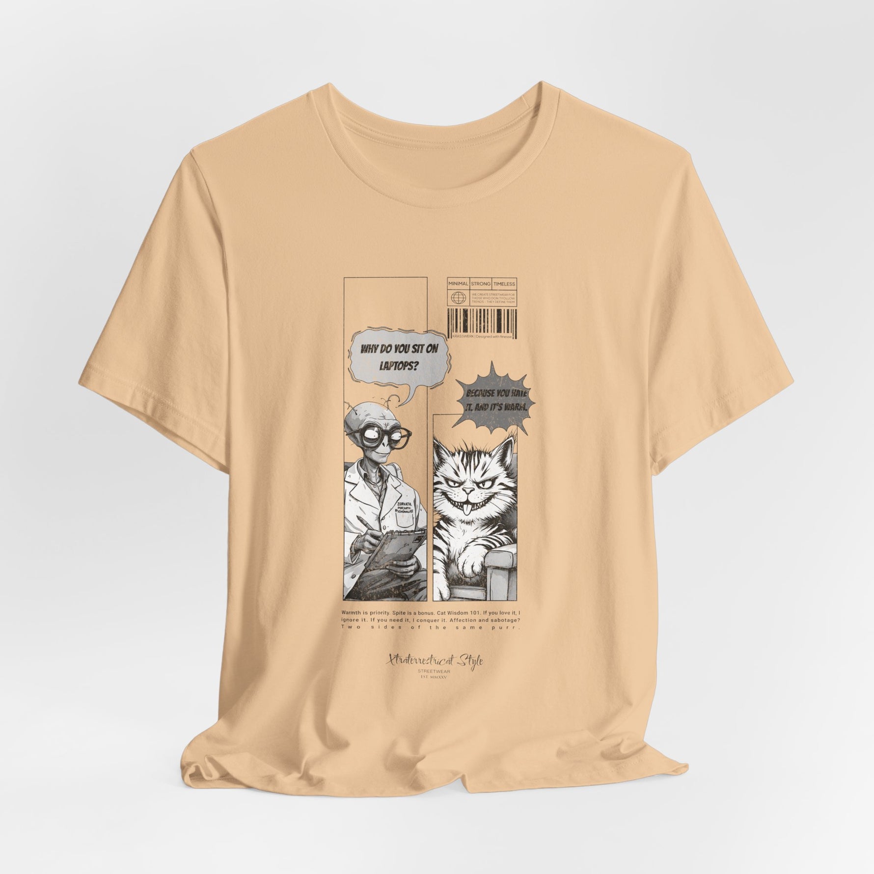 The SITONLAPTOPS t-shirt in Sand Dune — 3D mockup on a warm sand-colored shirt, no model, no background. Design still legible with muted backdrop.