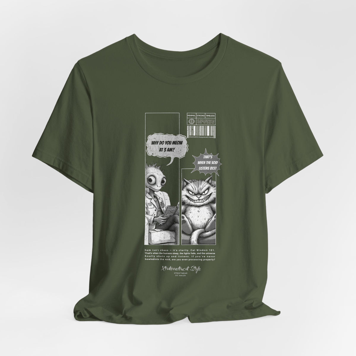 The MEOW 3AM t-shirt in Military Green — 3D mockup showing a desaturated olive tone shirt, no background or figure.