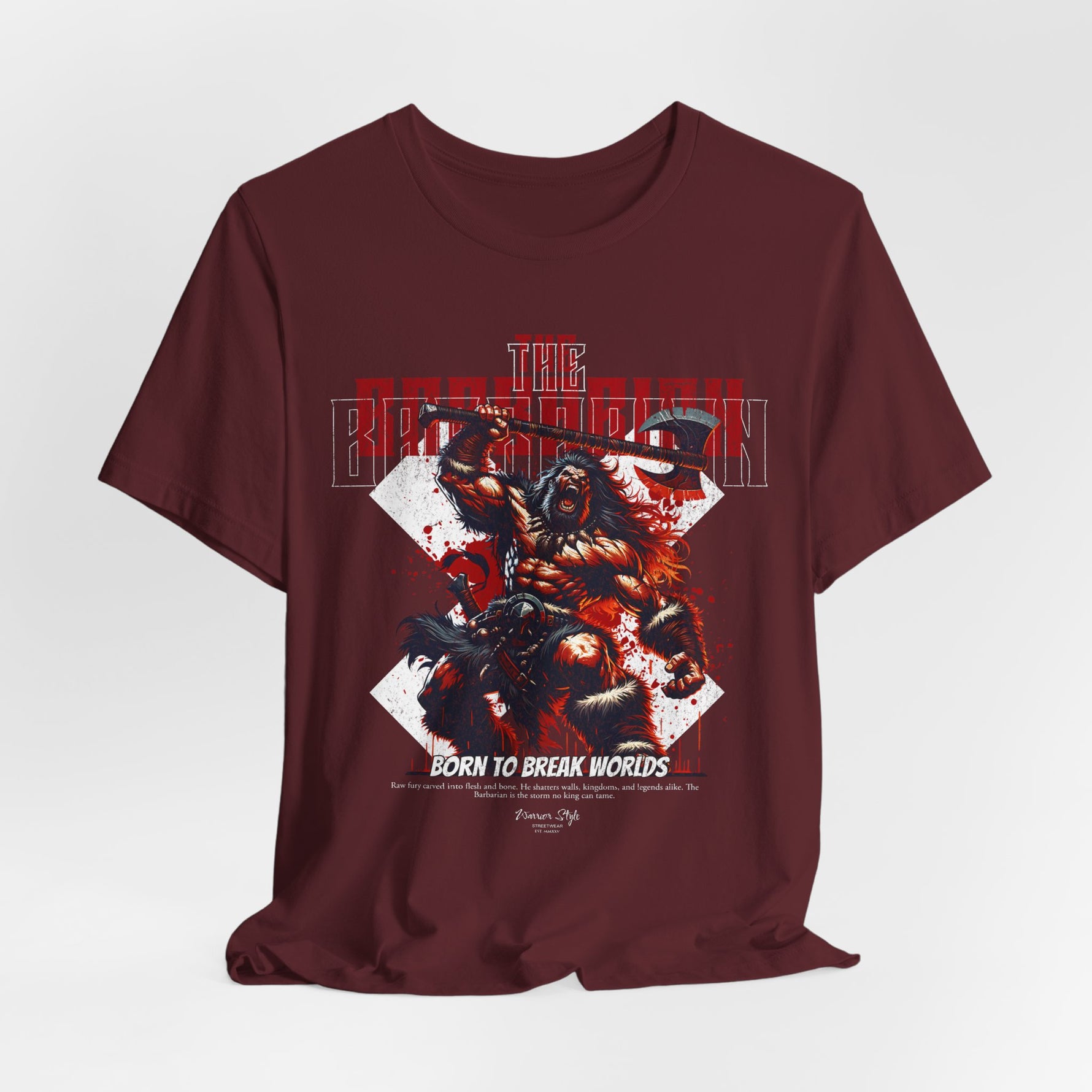 The BARBARIAN t-shirt in Maroon — Battle-hardened wrath, aged like dried blood.
