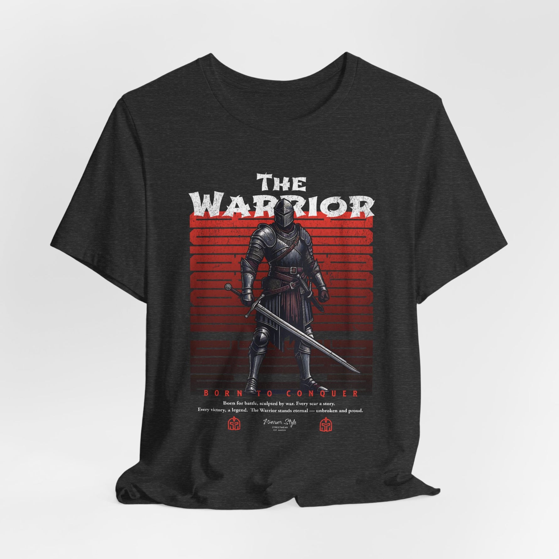 The Warrior t-shirt in Dark Heather Grey — steel soul under cloudy skies.