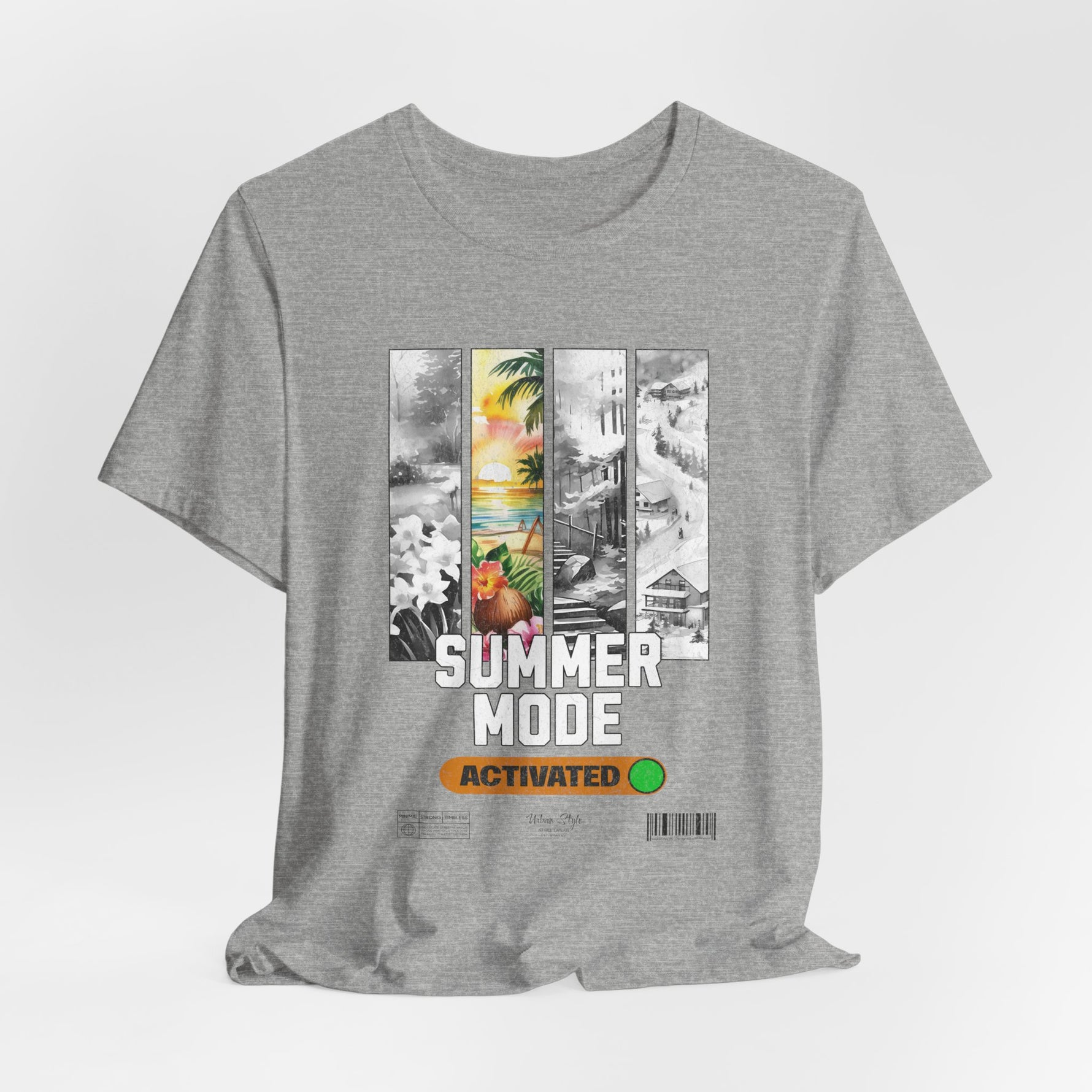 The SUMMER MODE t-shirt in athletic heather — Washed-out sunrise vibes with a soft touch.