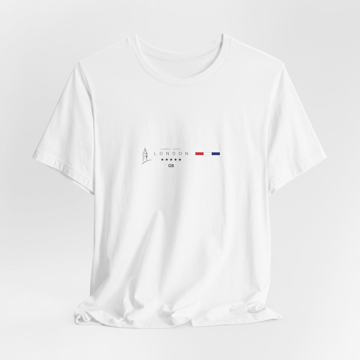 The LONDON t-shirt in white — 3D mockup on clean white shirt, showcasing detailed print with strong visibility. No background, no model.