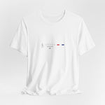 The LONDON t-shirt in white — 3D mockup on clean white shirt, showcasing detailed print with strong visibility. No background, no model.