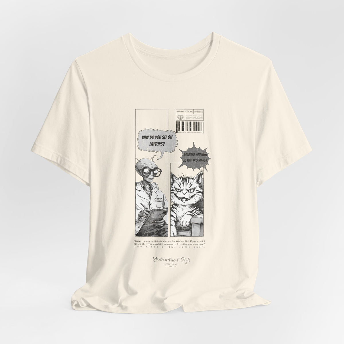 The SITONLAPTOPS t-shirt in Natural — 3D mockup on a natural off-white shirt, no model, no background. Design maintains crisp manga detail.