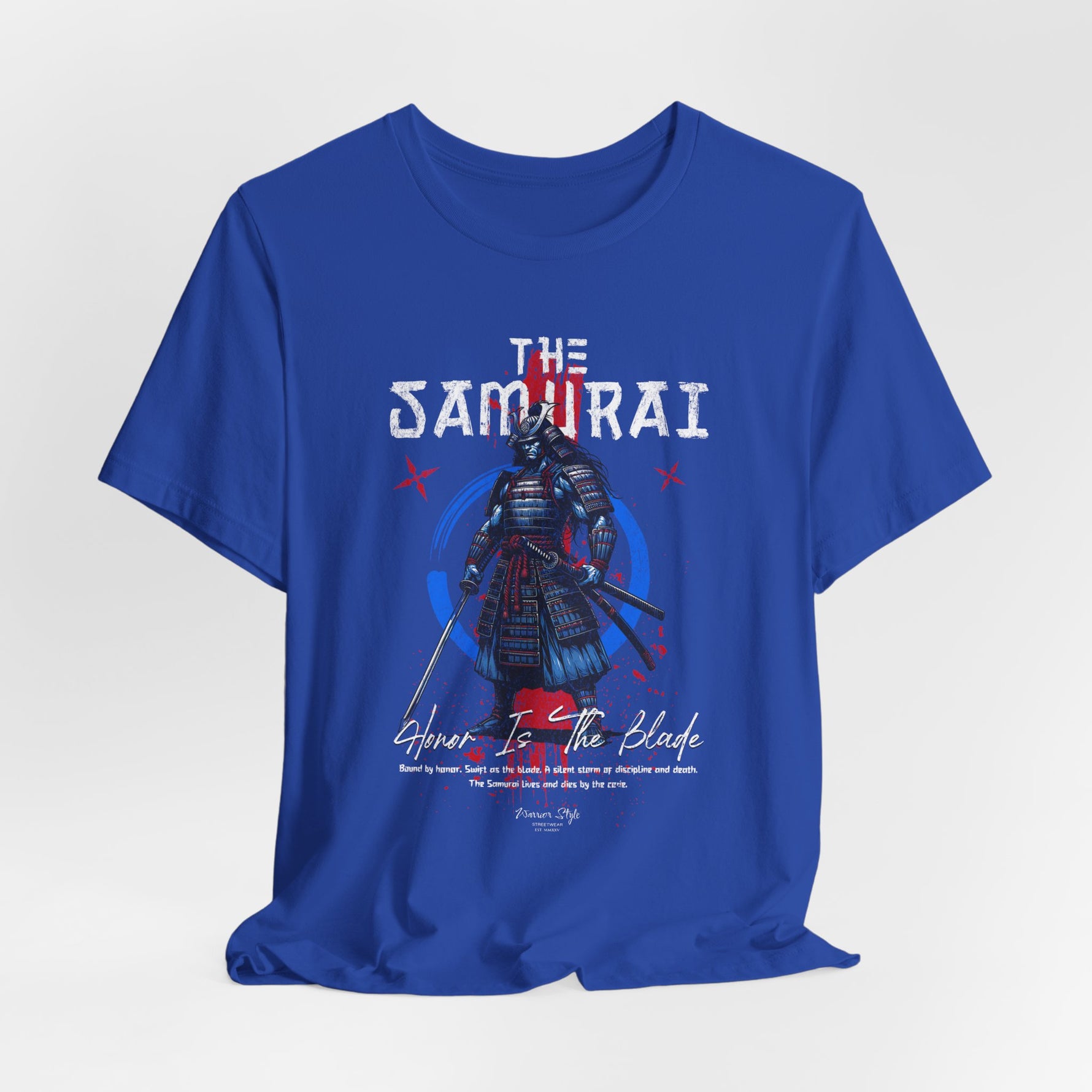 The Samurai t-shirt in True Royal — calm nobility beneath the armor.