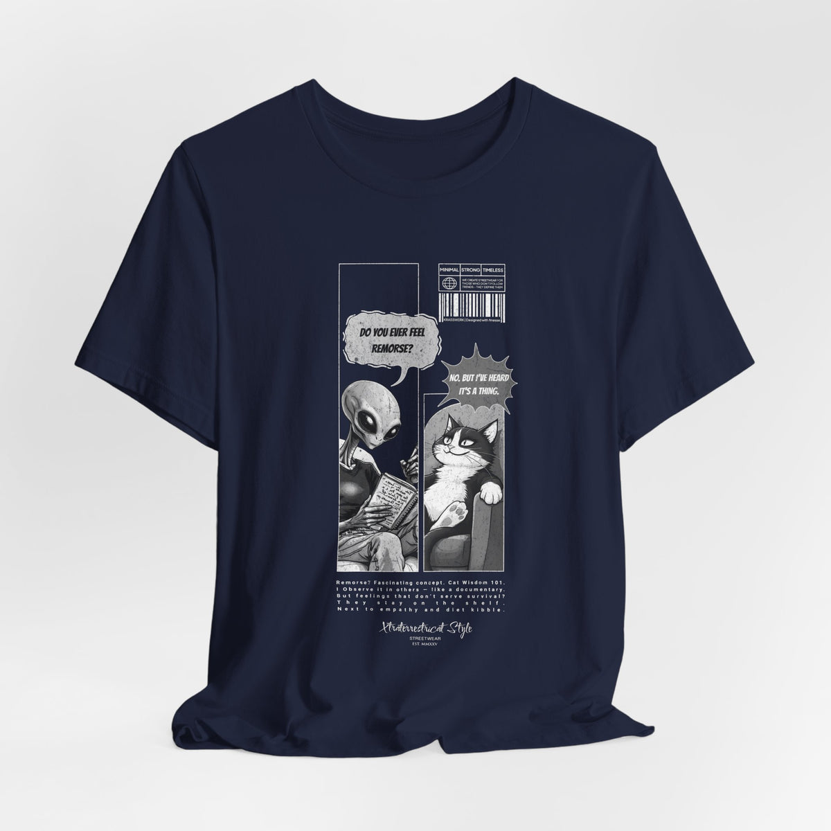 The FEEL REMORSE? t-shirt in navy — 3D mockup, classic deep blue, no background, no model.
