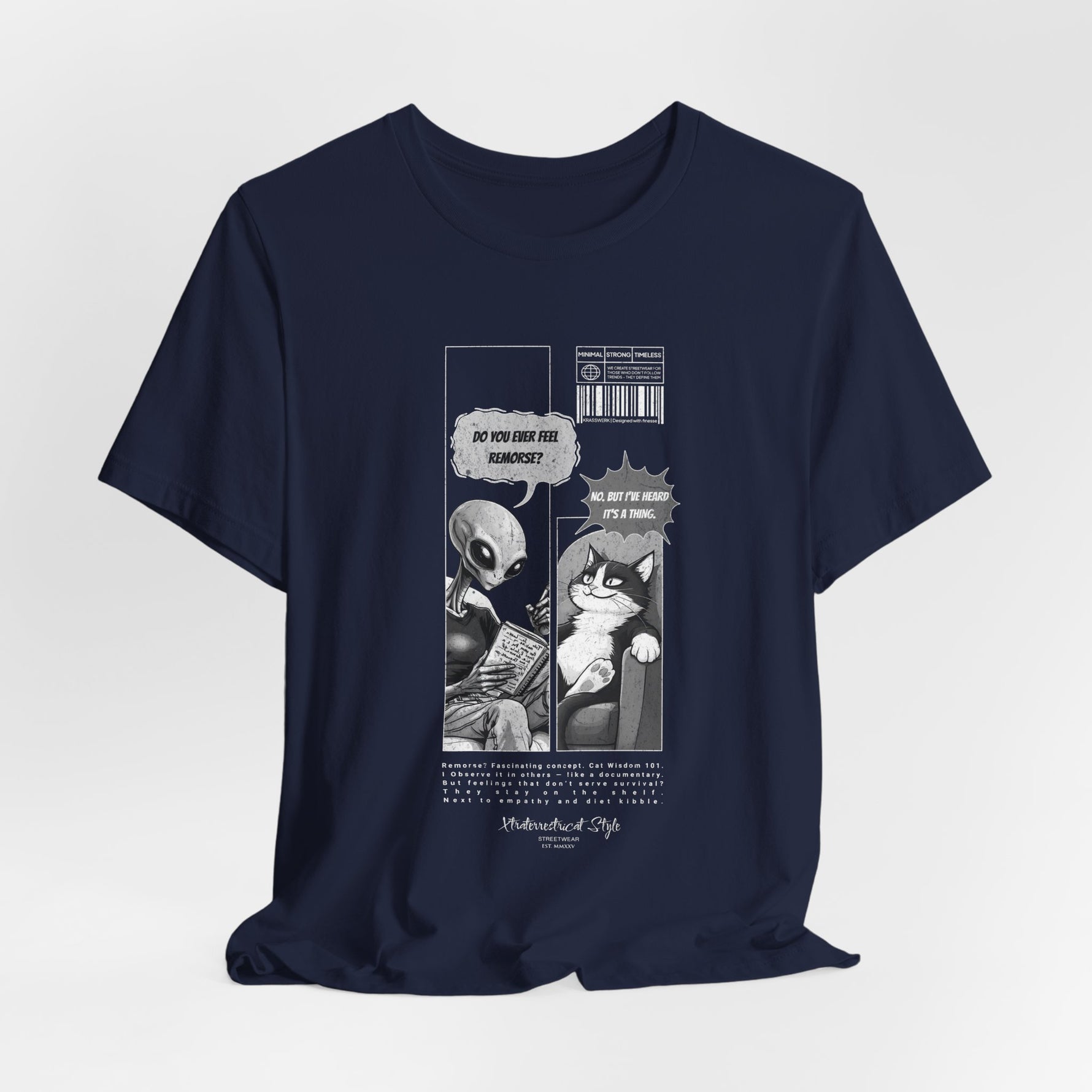 The FEEL REMORSE? t-shirt in navy — 3D mockup, classic deep blue, no background, no model.