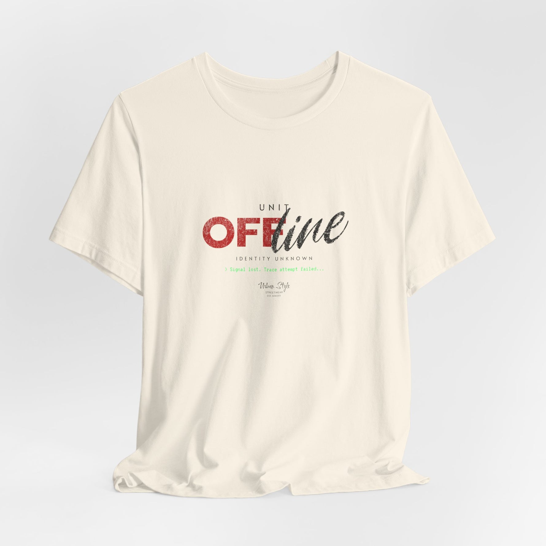 The UNIT OFFLINE t-shirt in natural — low frequency hum beneath the surface.