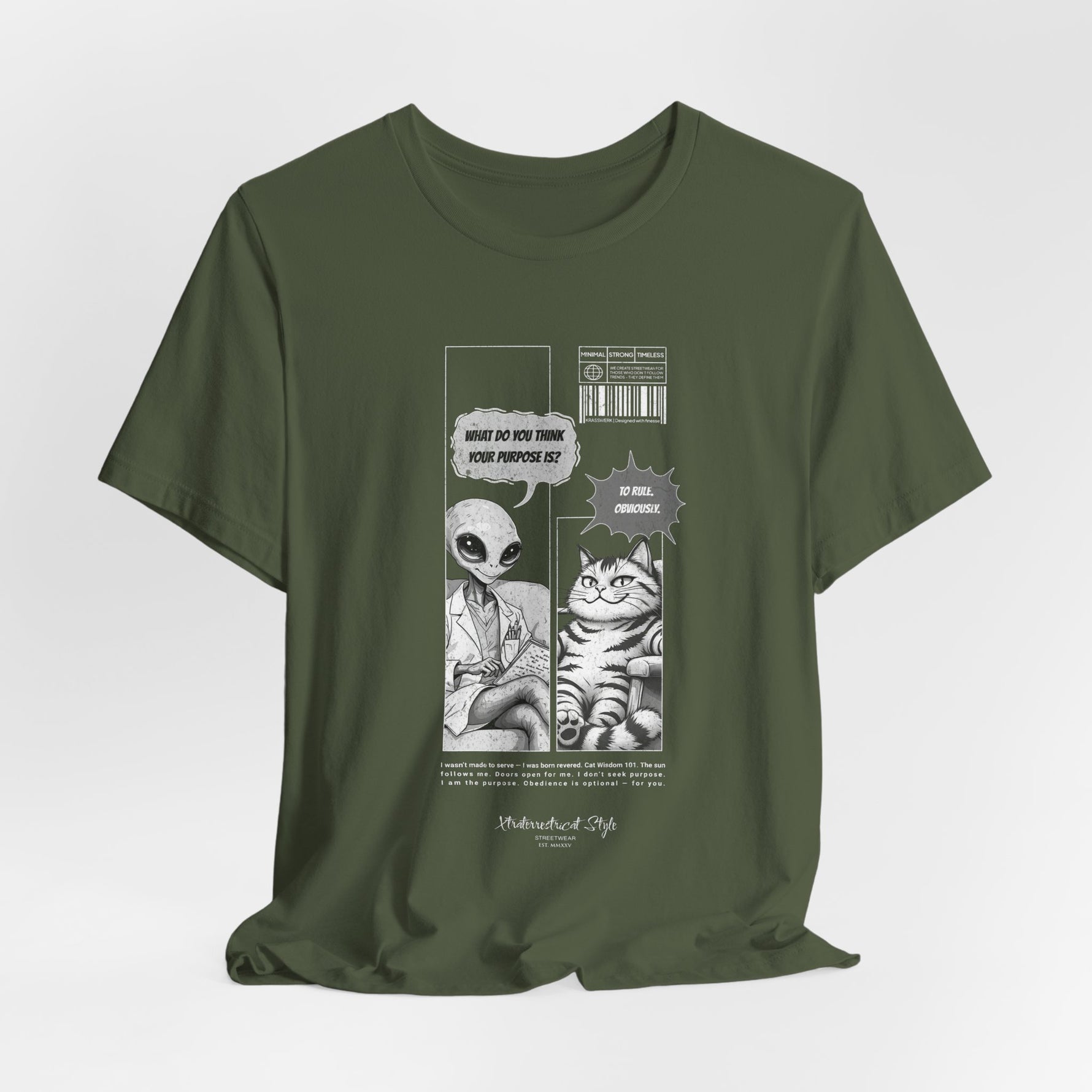 The TO RULE t-shirt in Military Green — muted green canvas for the comic, balanced and grounded.
