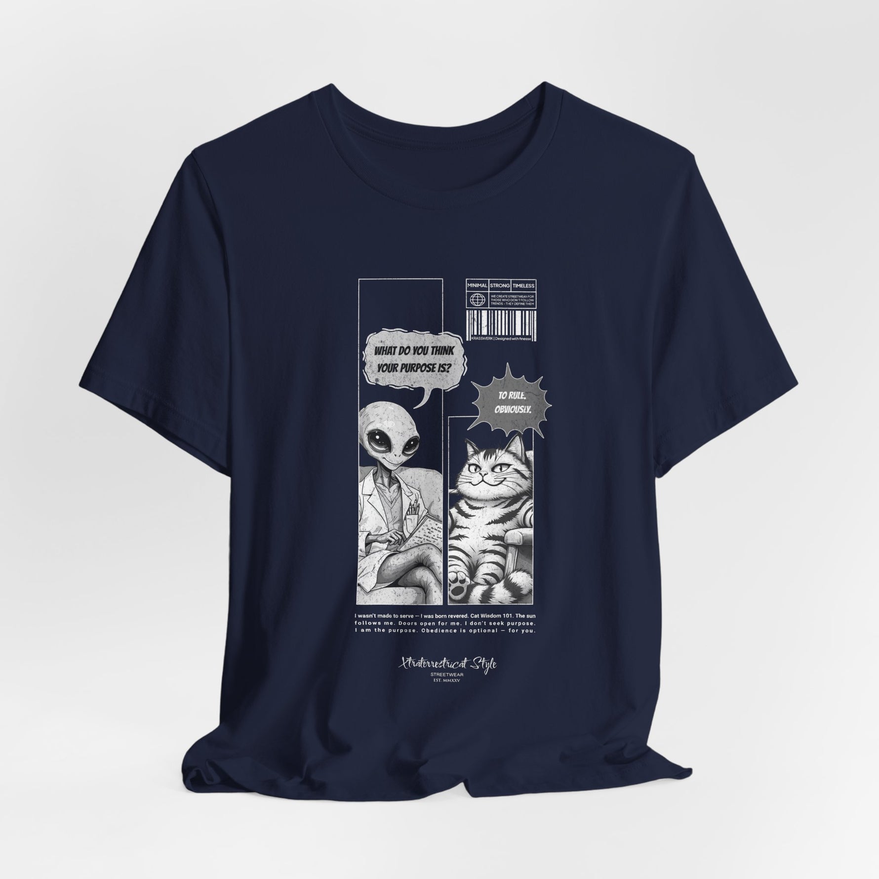 The TO RULE t-shirt in Navy — dark blue tone framing the black-white comic strip with clarity.