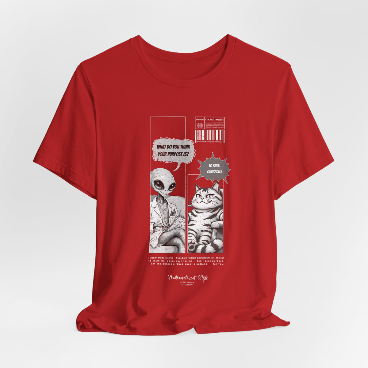 The TO RULE t-shirt in Red — energetic red background intensifying the shirt’s comic statement.