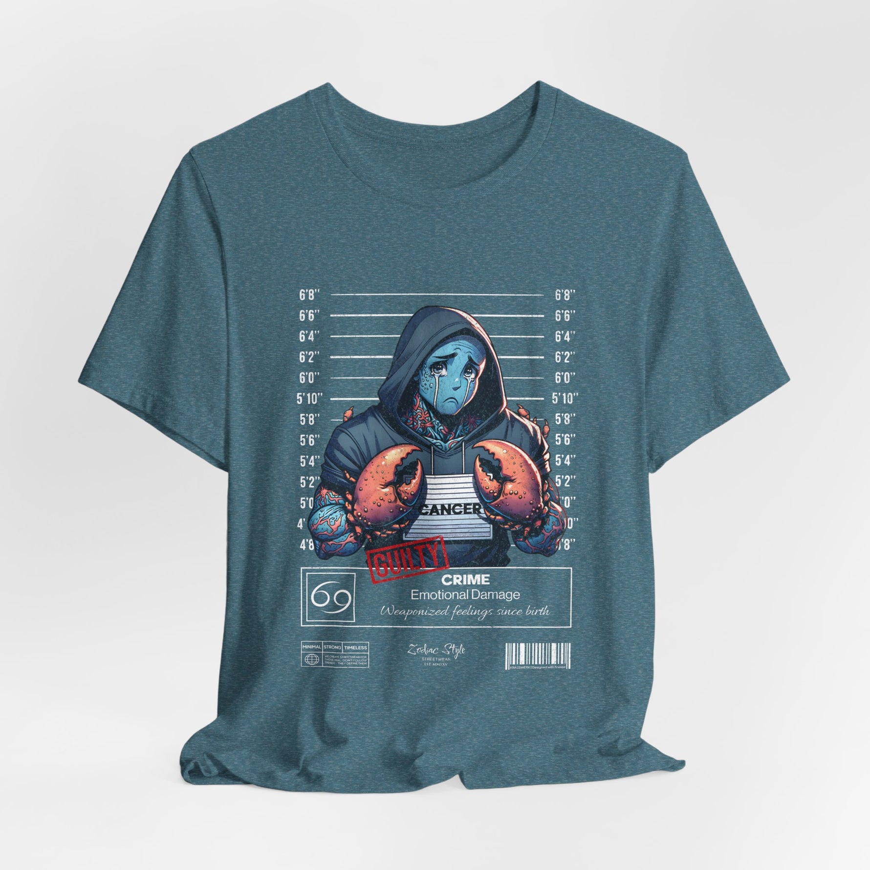 The CANCER t-shirt in Heather Deep Teal — 3D mockup of a cool teal shirt with soft heathering. No background, no model.