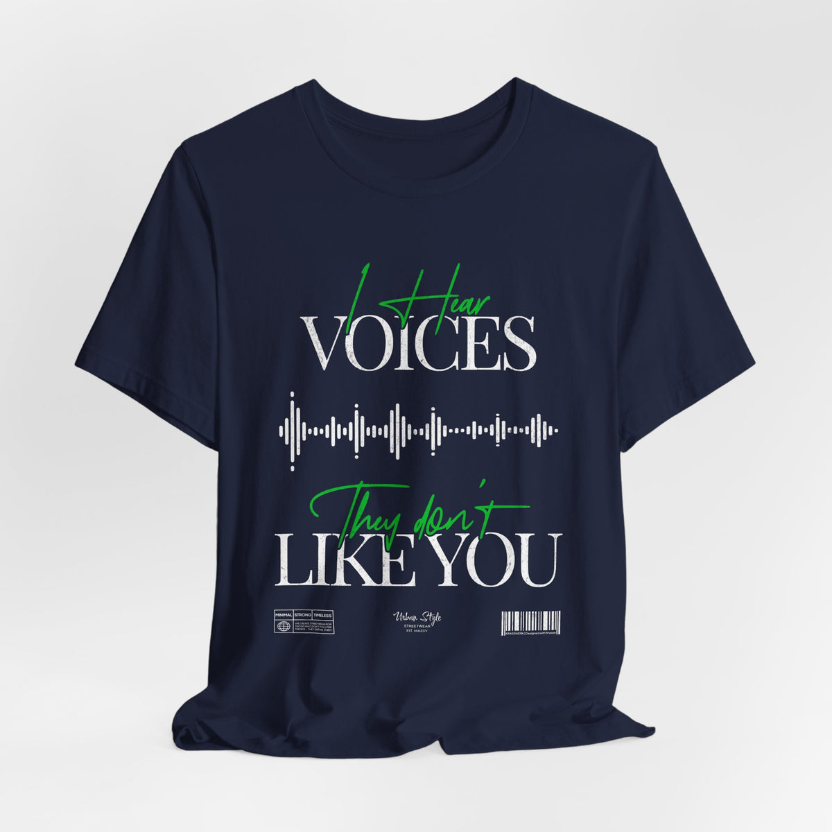 The VOICES t-shirt in Navy — deep frequencies echoing in a void of thought.