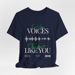 The VOICES t-shirt in Navy — deep frequencies echoing in a void of thought.