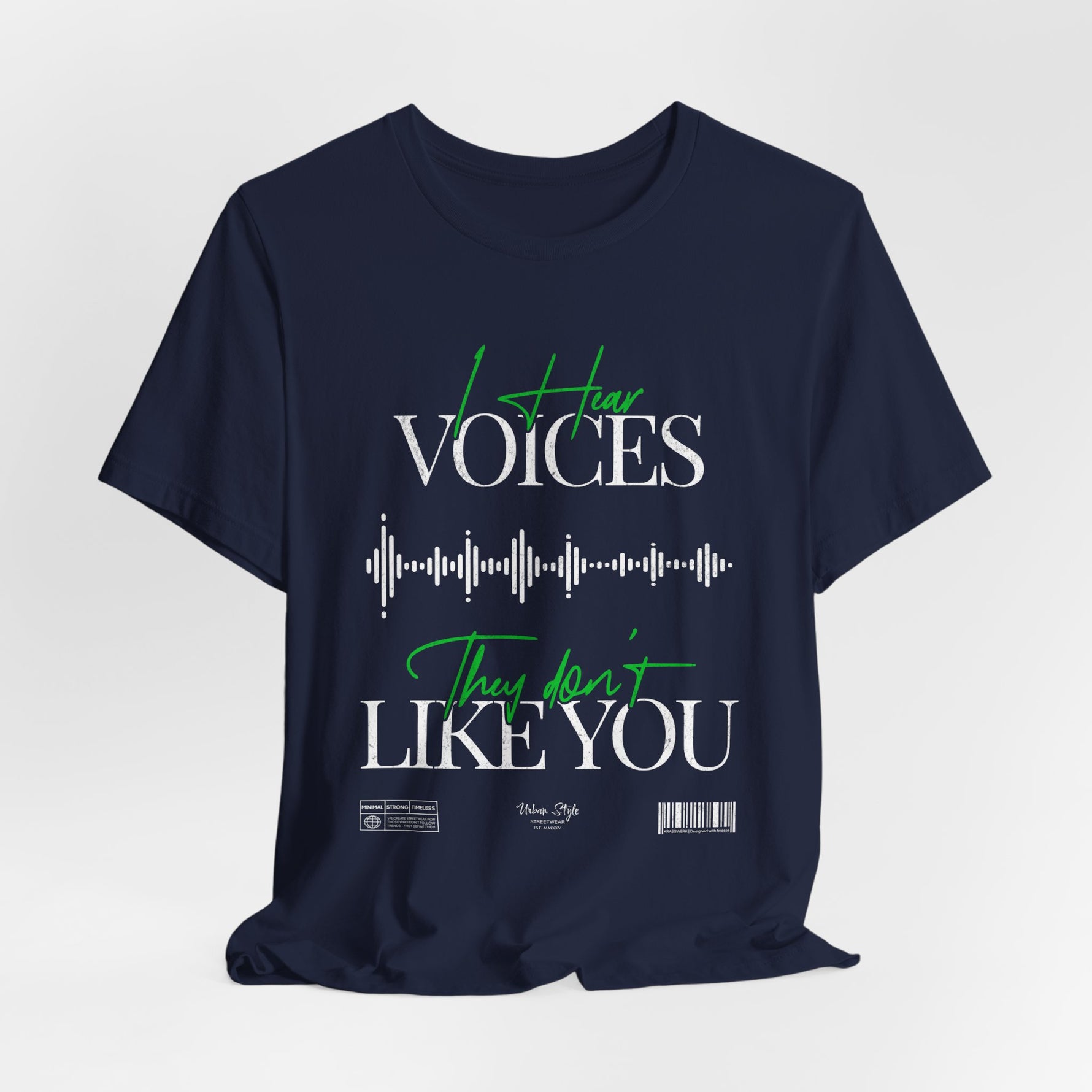 The VOICES t-shirt in Navy — deep frequencies echoing in a void of thought.