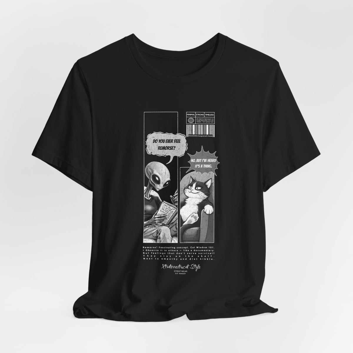 The FEEL REMORSE? t-shirt in black — 3D mockup, solid black, high contrast with white design, no background, no model.