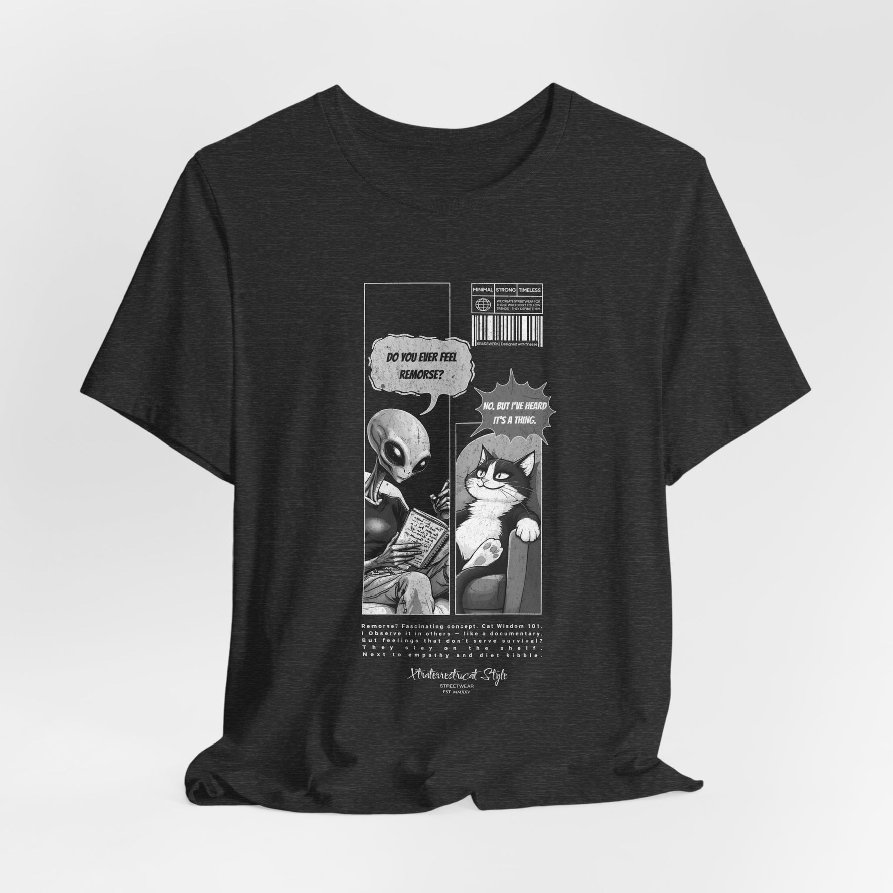 The FEEL REMORSE? t-shirt in dark heather grey — 3D mockup, textured charcoal tone, no background, no model.