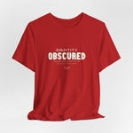 The IDENTITY OBSCURED t-shirt in Red — 3D mockup of a bold red shirt. No background. No model.