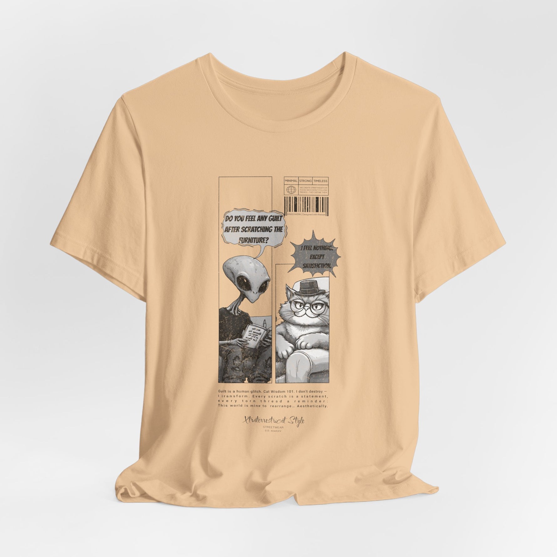 The Satisfiction t-shirt in sand dune — 3D mockup showing a soft, beige-tan tone. No background or model.