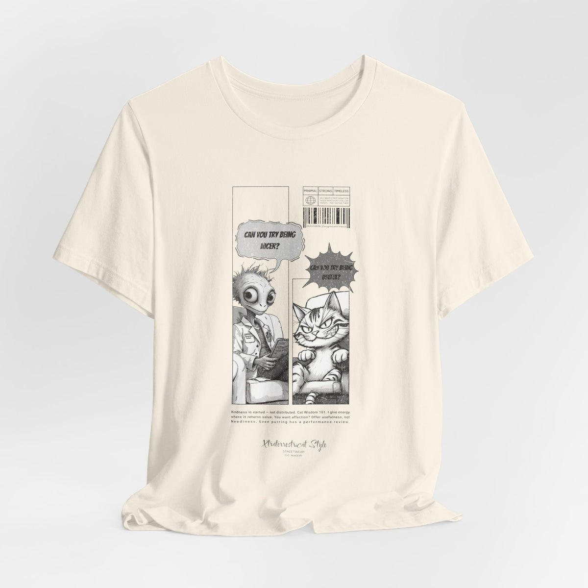 The BEING NICER t-shirt in natural — soft, raw, and quietly judging.