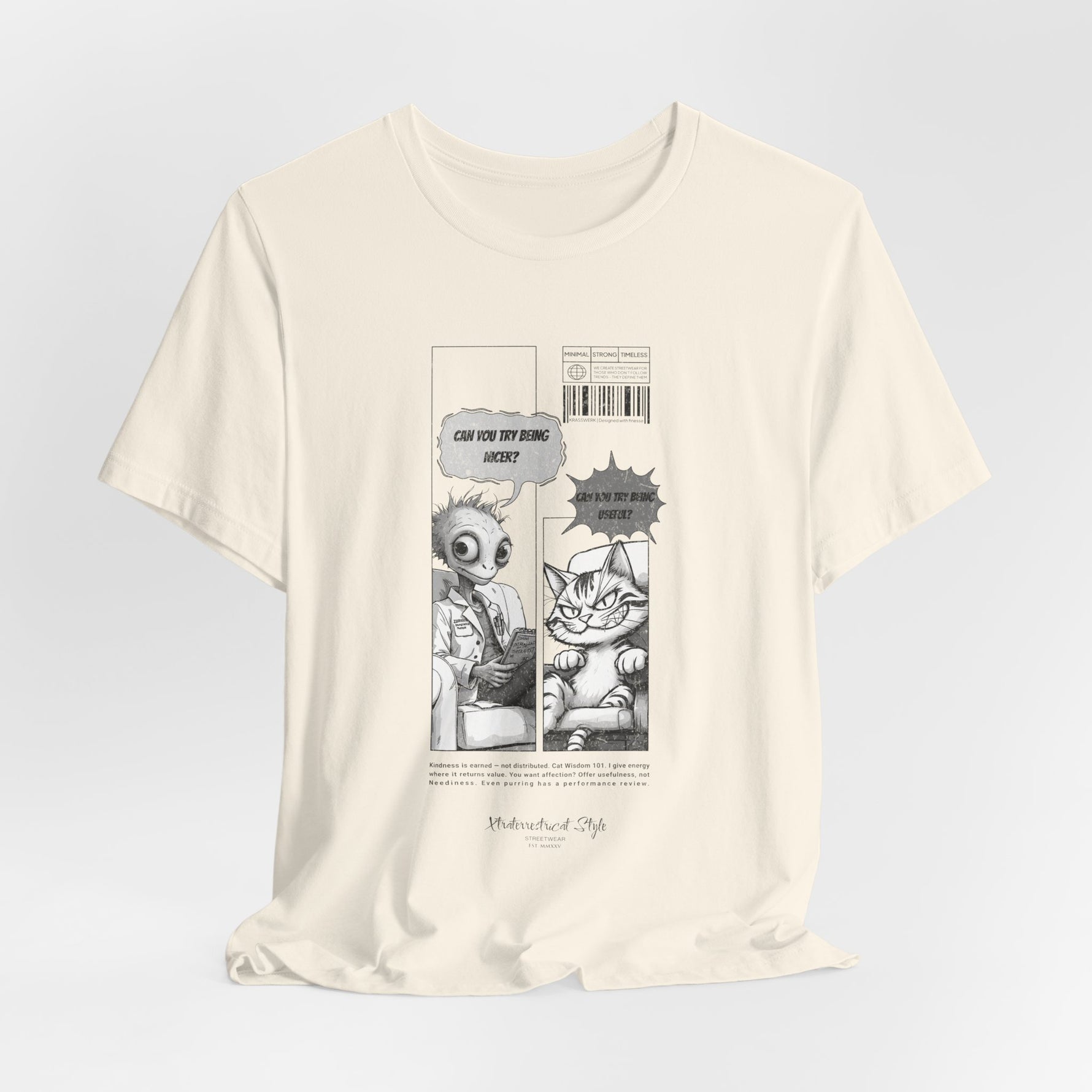 The BEING NICER t-shirt in natural — soft, raw, and quietly judging.